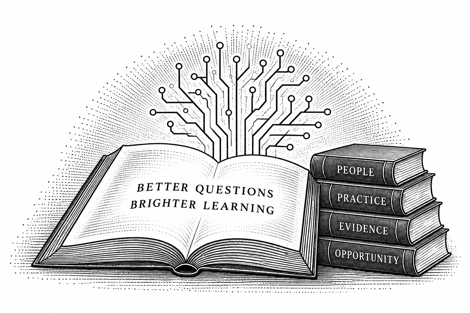 An engraved open book with branching lines of knowledge